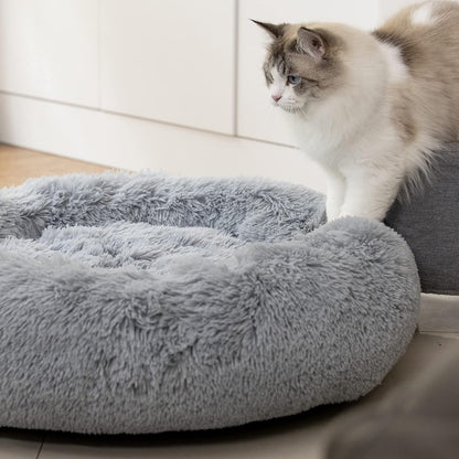 Anti-Anxiety Round Fluffy Plush Faux Fur Washable Dog and Cat Bed for Small, Medium, and Large Pets, Designed to Relieve Joint Discomfort and Enhance Sleep Quality (20", Light Grey)