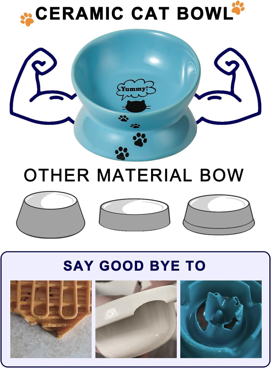 Elevated Ceramic Cat Food Bowl with Tilted Design for Spine Protection, Anti-Vomiting Features, and Backflow Prevention in Lake Blue