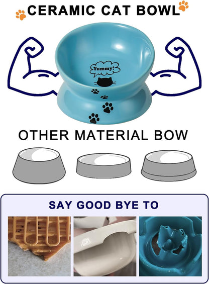 Elevated Ceramic Cat Food Bowl with Tilted Design for Spine Protection, Anti-Vomiting Features, and Backflow Prevention in Lake Blue